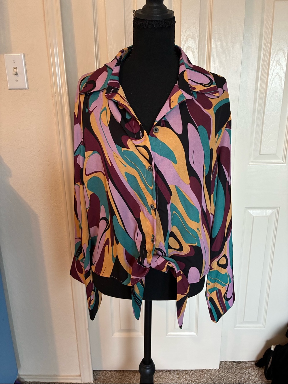 Ellison Multicolor Abstract Tie-Front Button Down Shirt